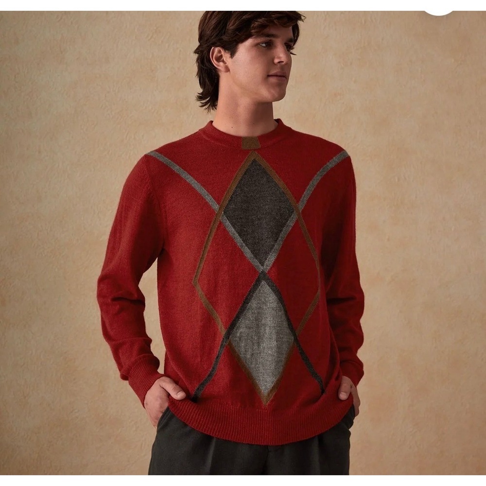 Sol Alpaca Sweater Mens L Red 100% Baby Alpaca Argyle Crewneck Peru Luxury NWOT